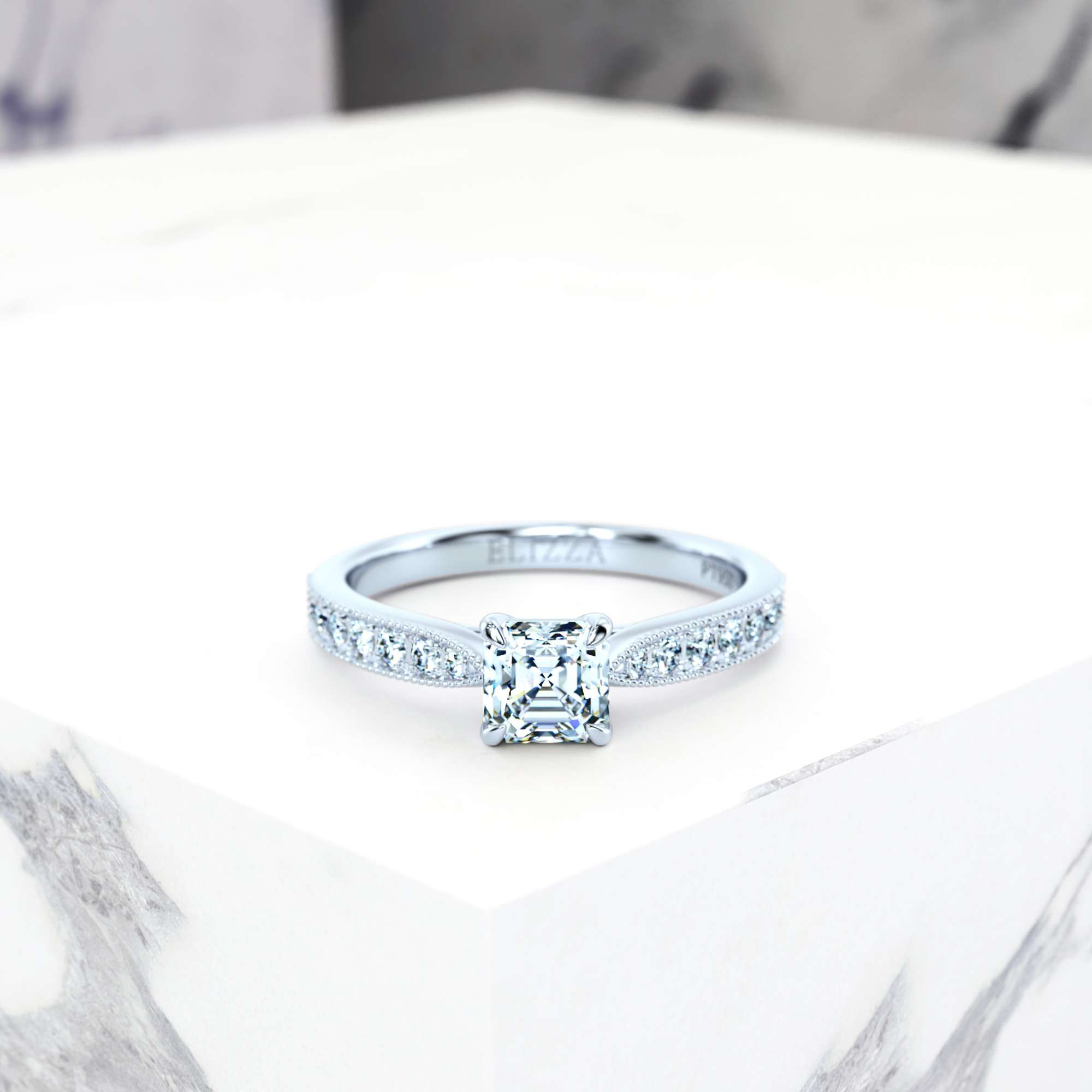 Engagement ring Esmeralda Asscher | Asscher | 14K White gold | Natural | EZA Certified | 0.40ct SI1 H 1