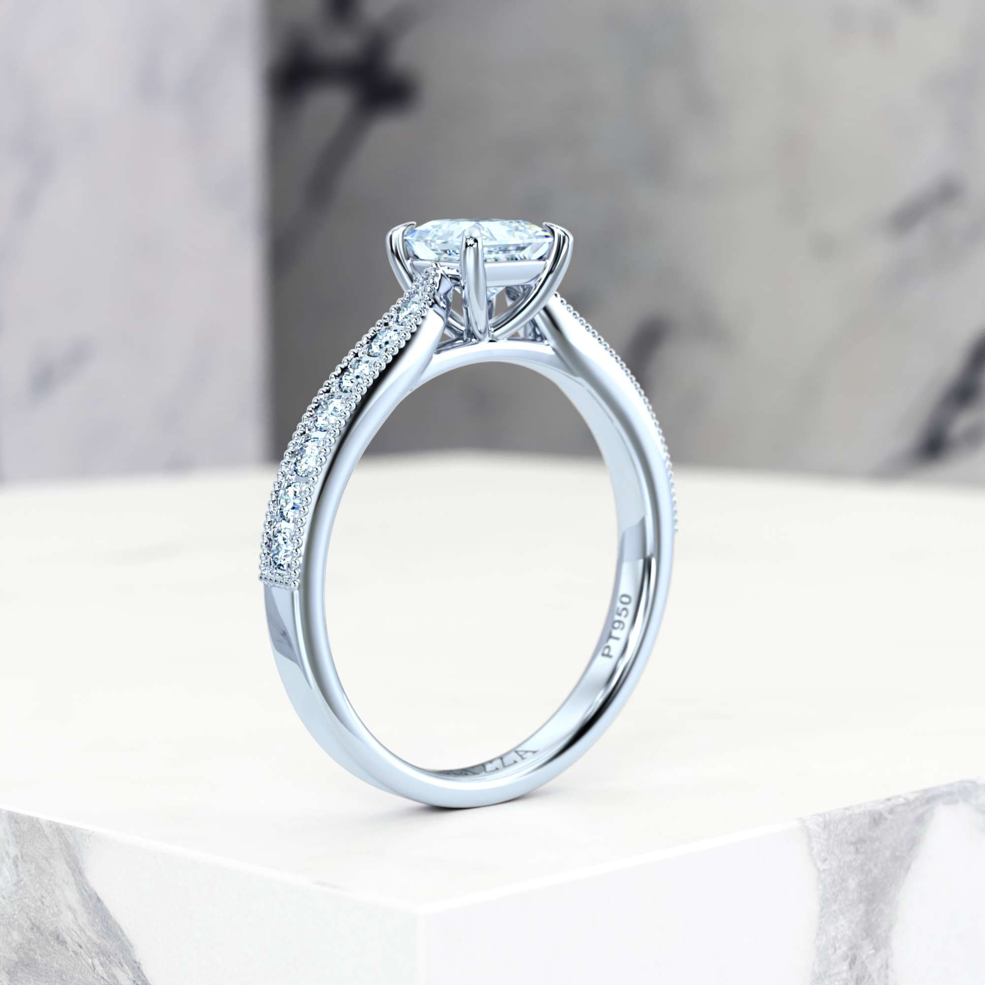 Engagement ring Esmeralda Princess | Princess | Platinum | Natural | EZA Certified | 0.20ct SI1 H 5