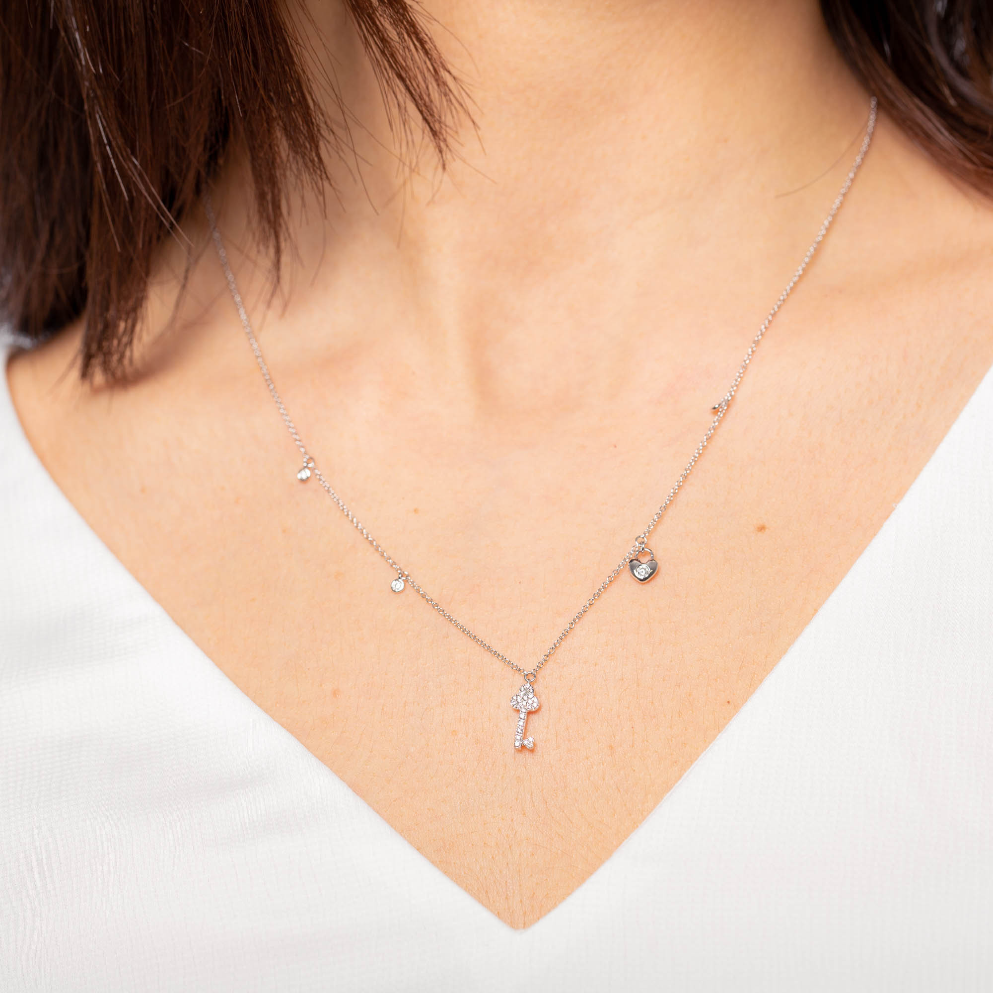 Diamond Key with Heart-Shape Lock Necklace | 18K White Gold 3