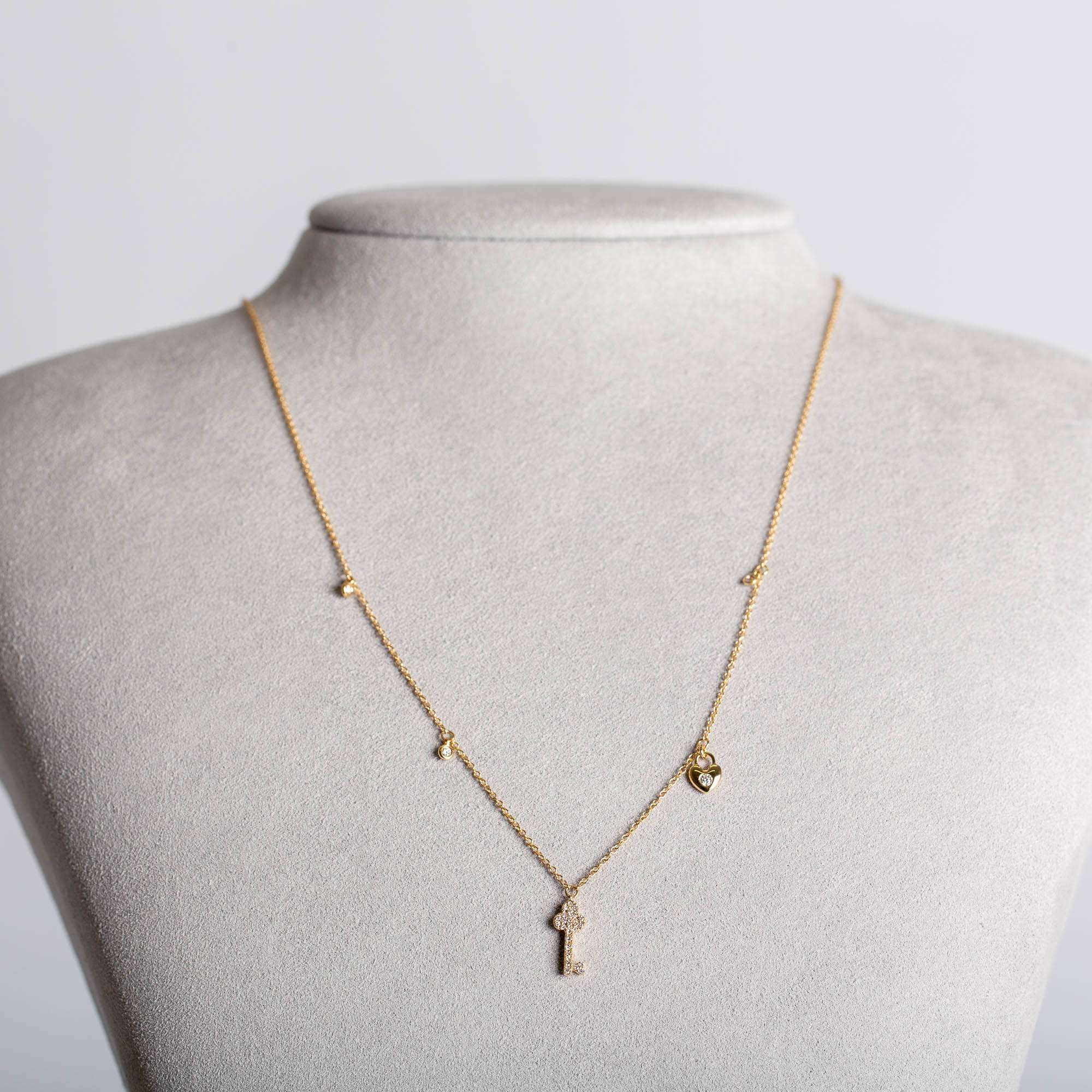 Diamond Key with Heart-Shape Lock Necklace | 18K Yellow Gold 1