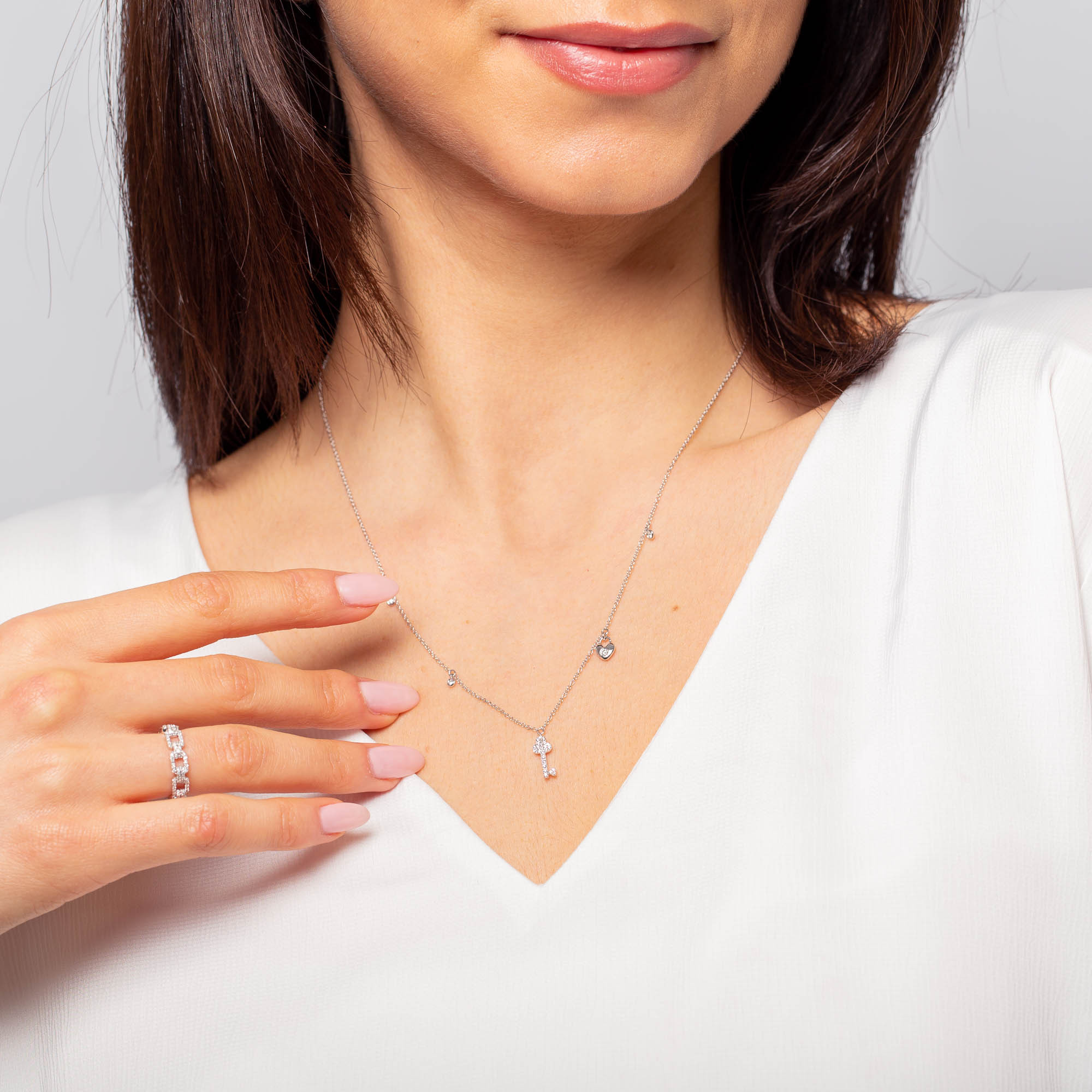 Diamond Key with Heart-Shape Lock Necklace - Platinum 2